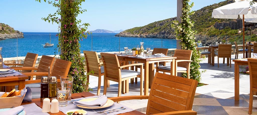 Europe Greece Agio Nikolaos Daios Cove Taverna Restaurant terrace