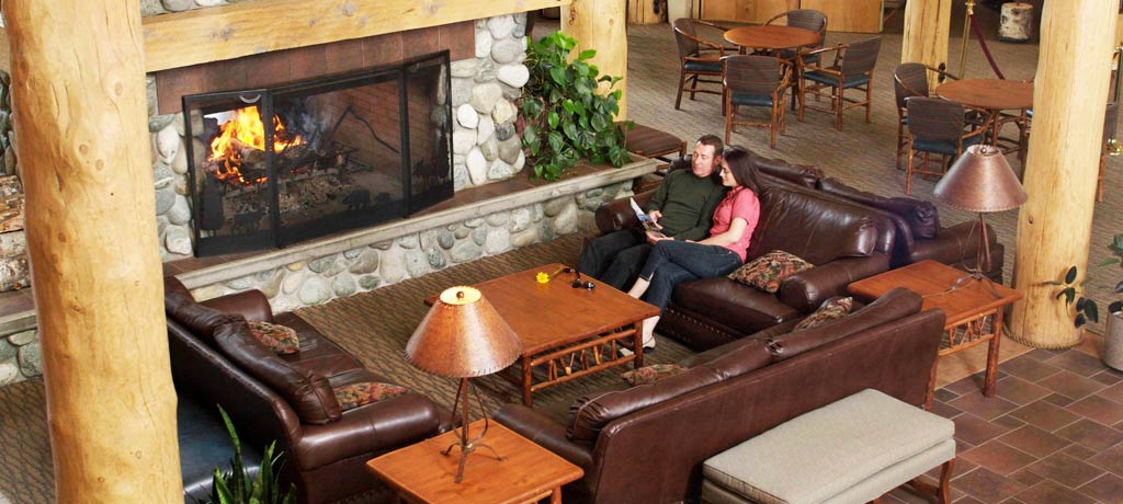 lobby with river rock fireplace
