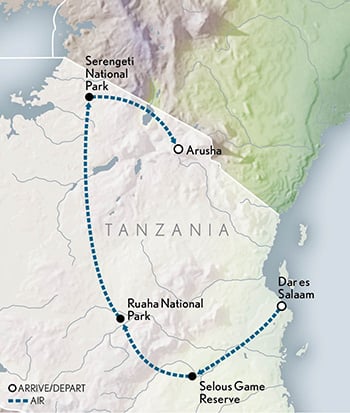Tailor Made Tanzania: Ruaha, Nyerere & the Serengeti Itinerary Map