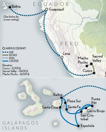 Wonders of the Galápagos & Machu Picchu - Eastern Islands Route Itinerary Map